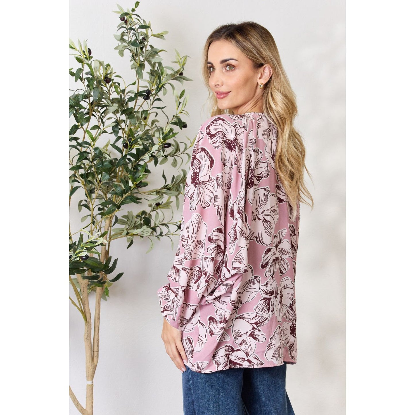 Heimish Full Size Floral V-Neck Balloon Sleeve Blouse