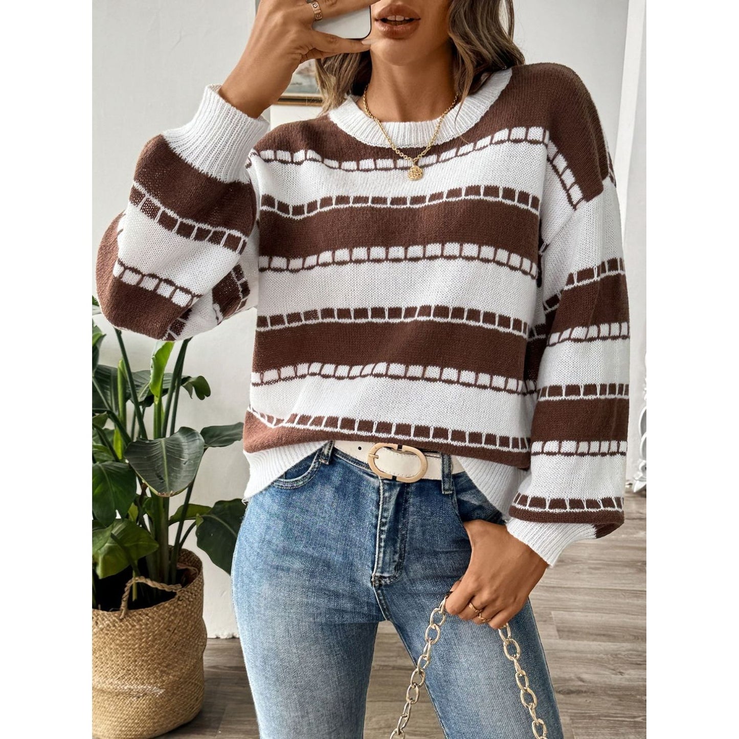 Striped Round Neck Long Sleeve Sweater