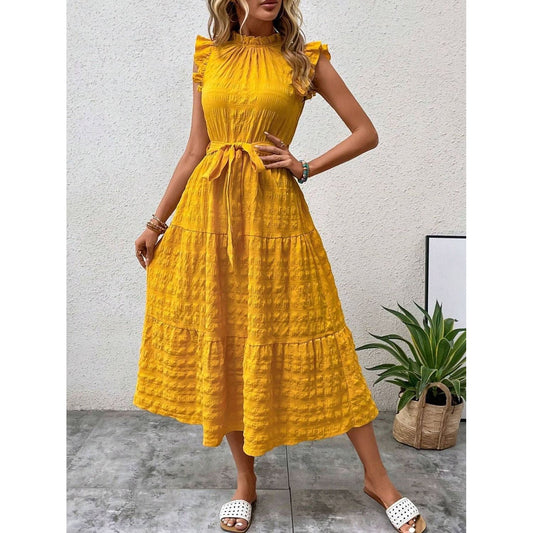 Tied Ruffled Cap Sleeve Midi Dress