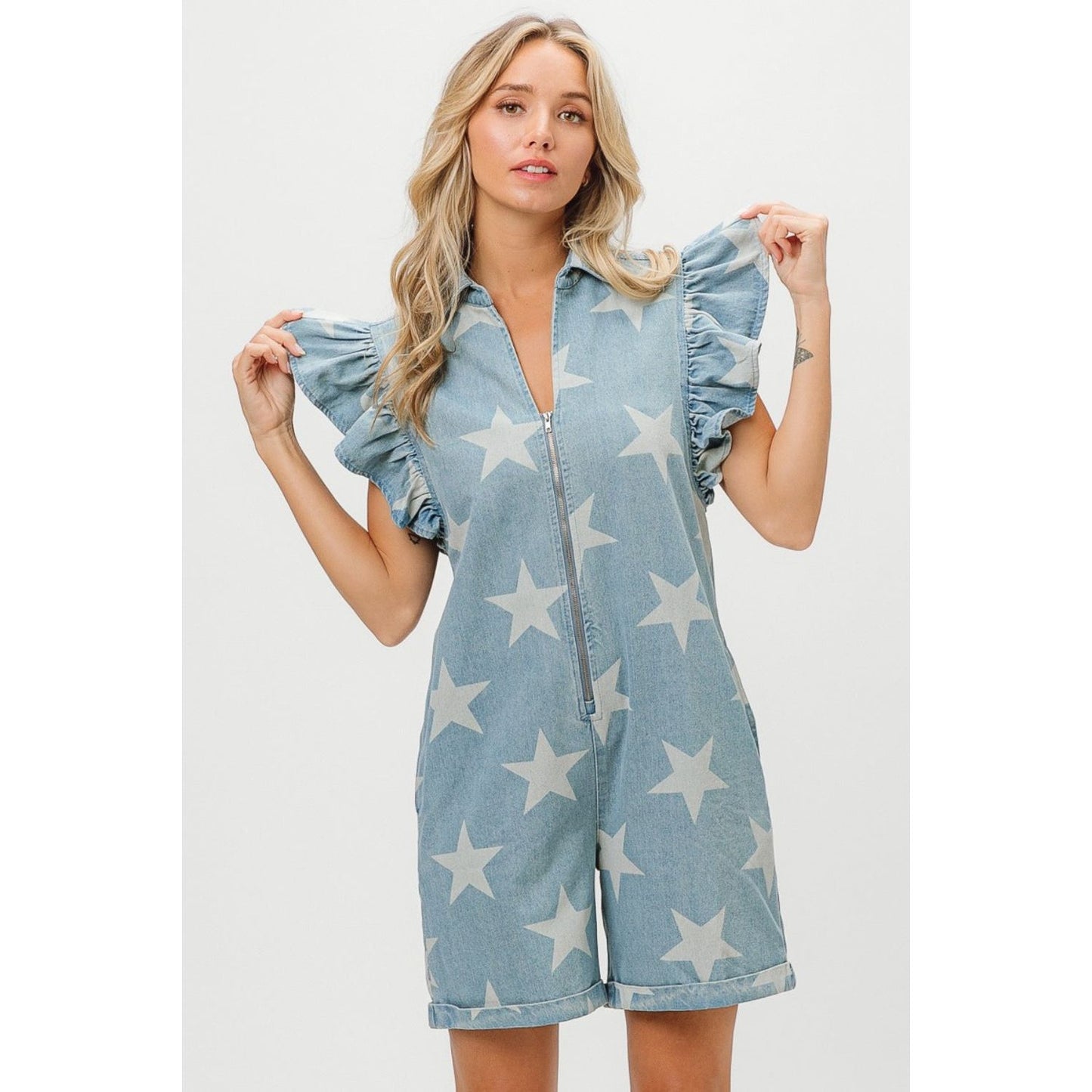 BiBi Ruffled Star Half Zip Denim Romper