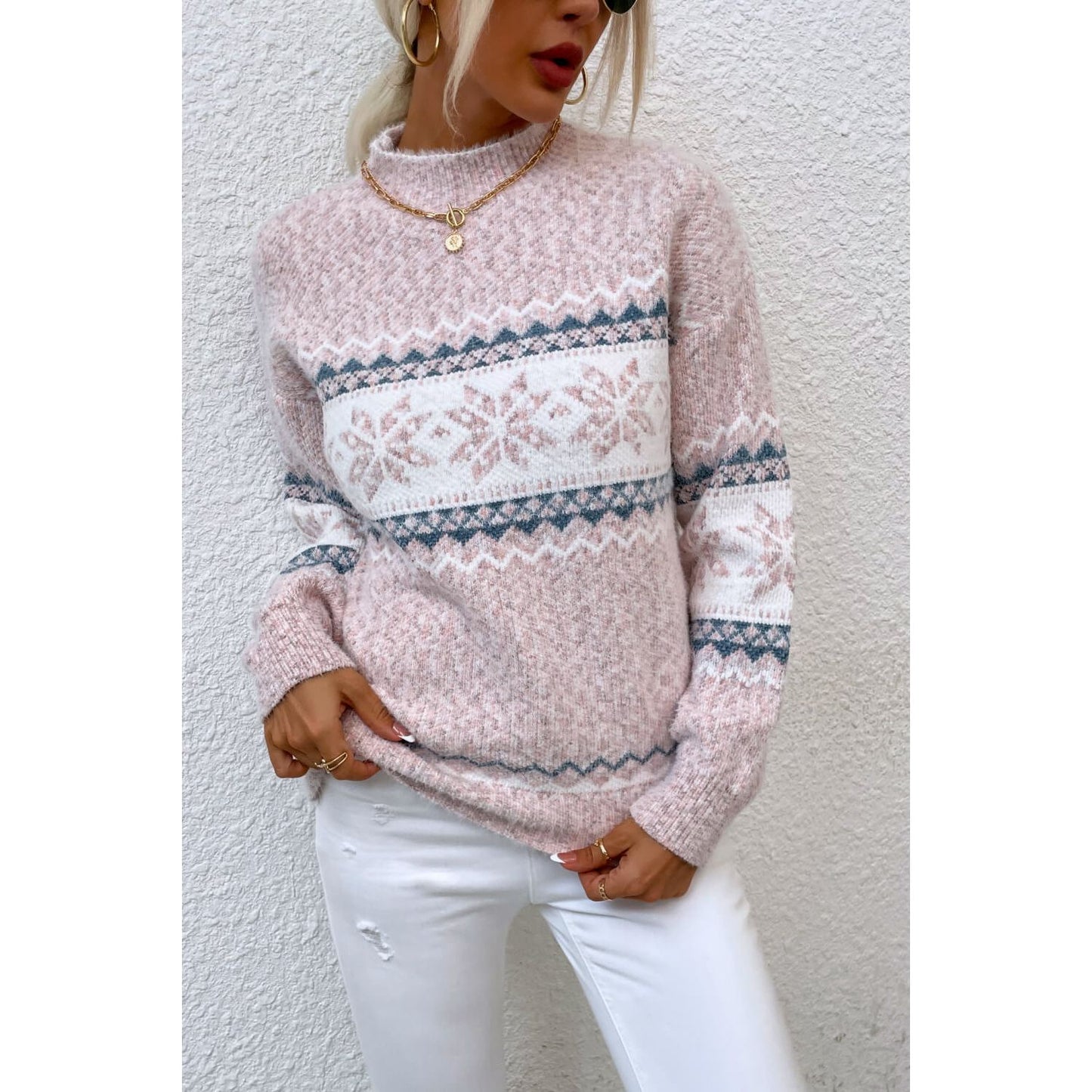 Snowflake Pattern Mock Neck Sweater