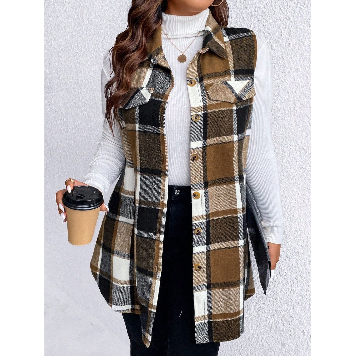 Honey Plus Size Pocketed Plaid Button Up Vest Coat