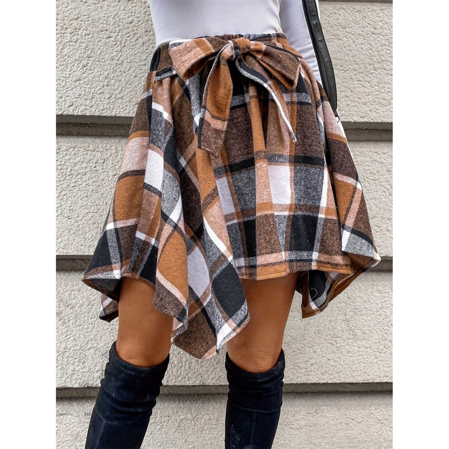 Tied Plaid Asymmetrical Hem Skirt