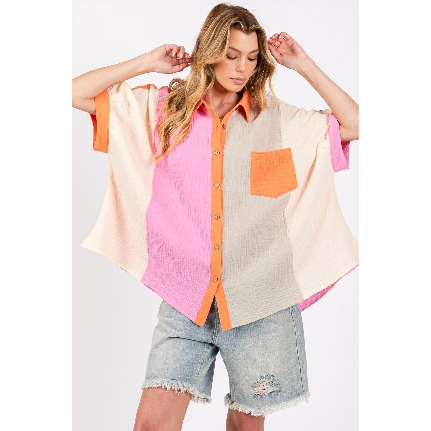 SAGE + FIG Full Size Color Block Button-Down Shirt