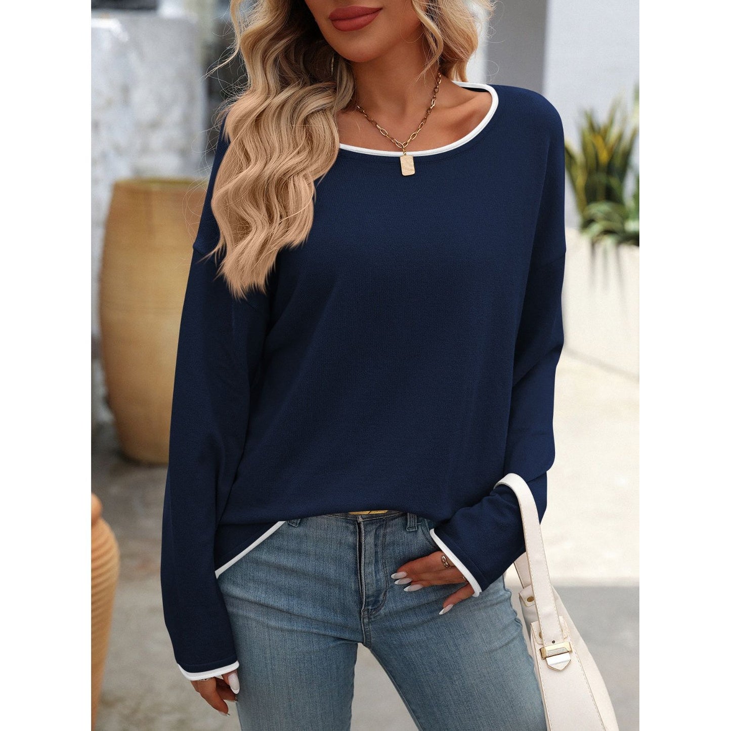 Mandy Contrast Trim Round Neck Long Sleeve Sweater