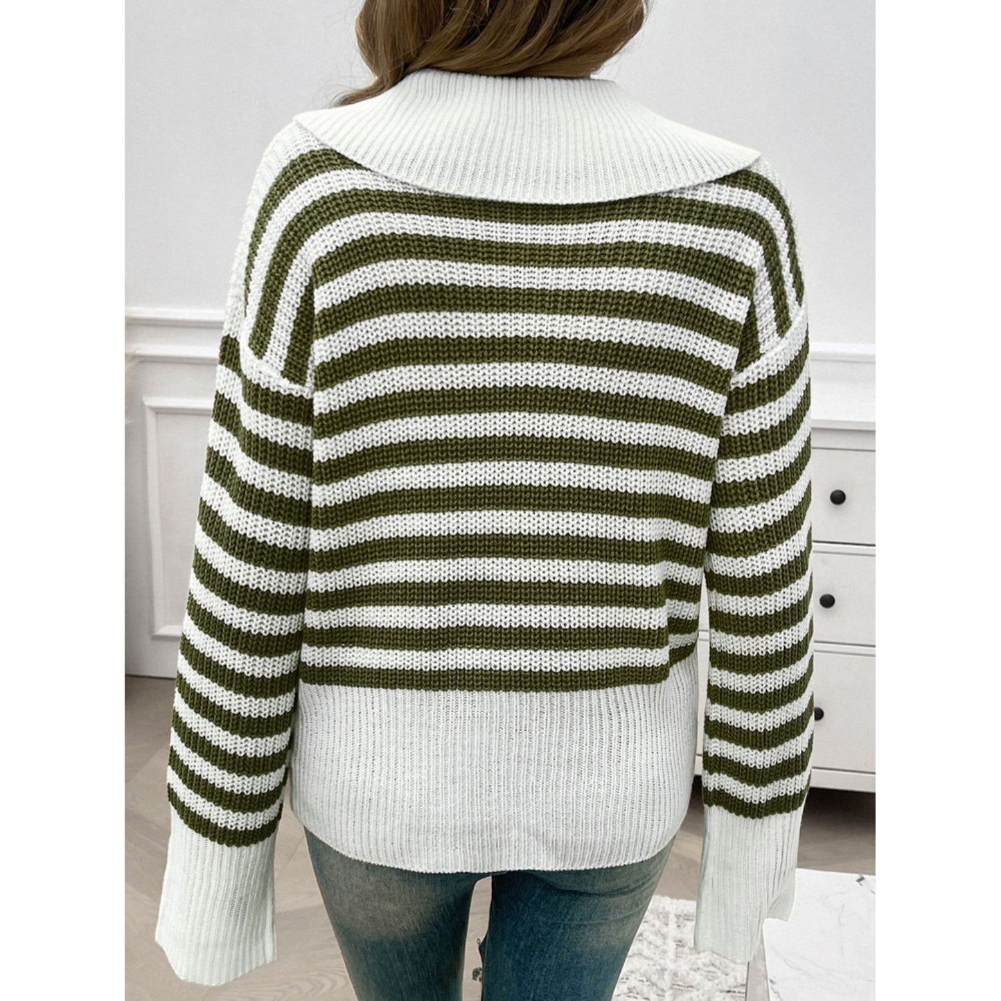 Devine Striped Collared Neck Long Sleeve Sweater