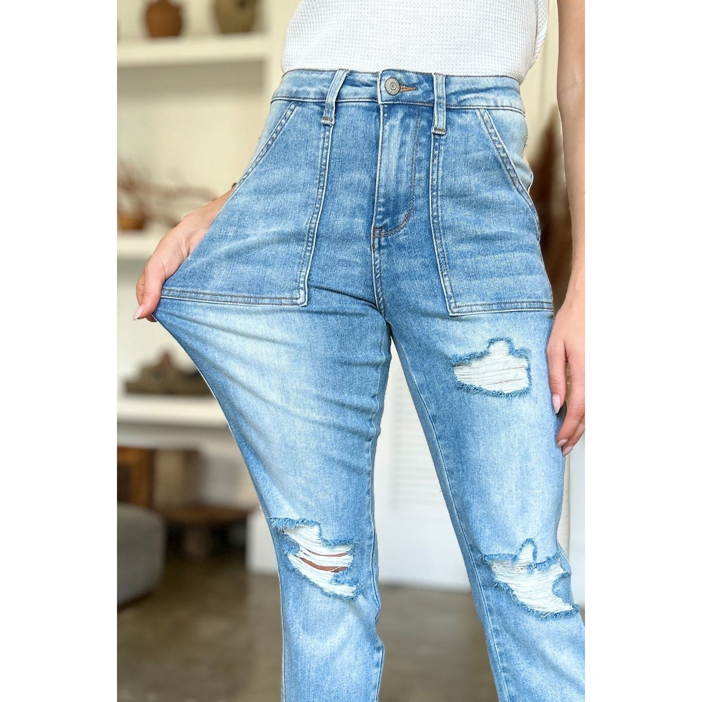 Judy Blue Full Size Distressed Straight Jeans with Patch Pockets