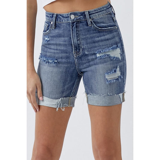 RISEN Full Size Distressed Rolled Denim Shorts with Pockets