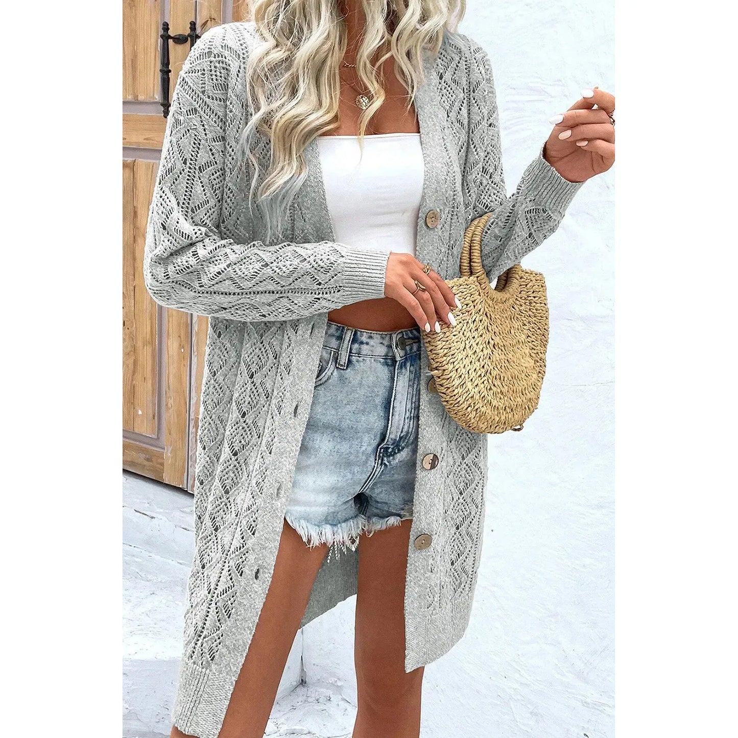 Openwork Button Down Long Sleeve Cardigan