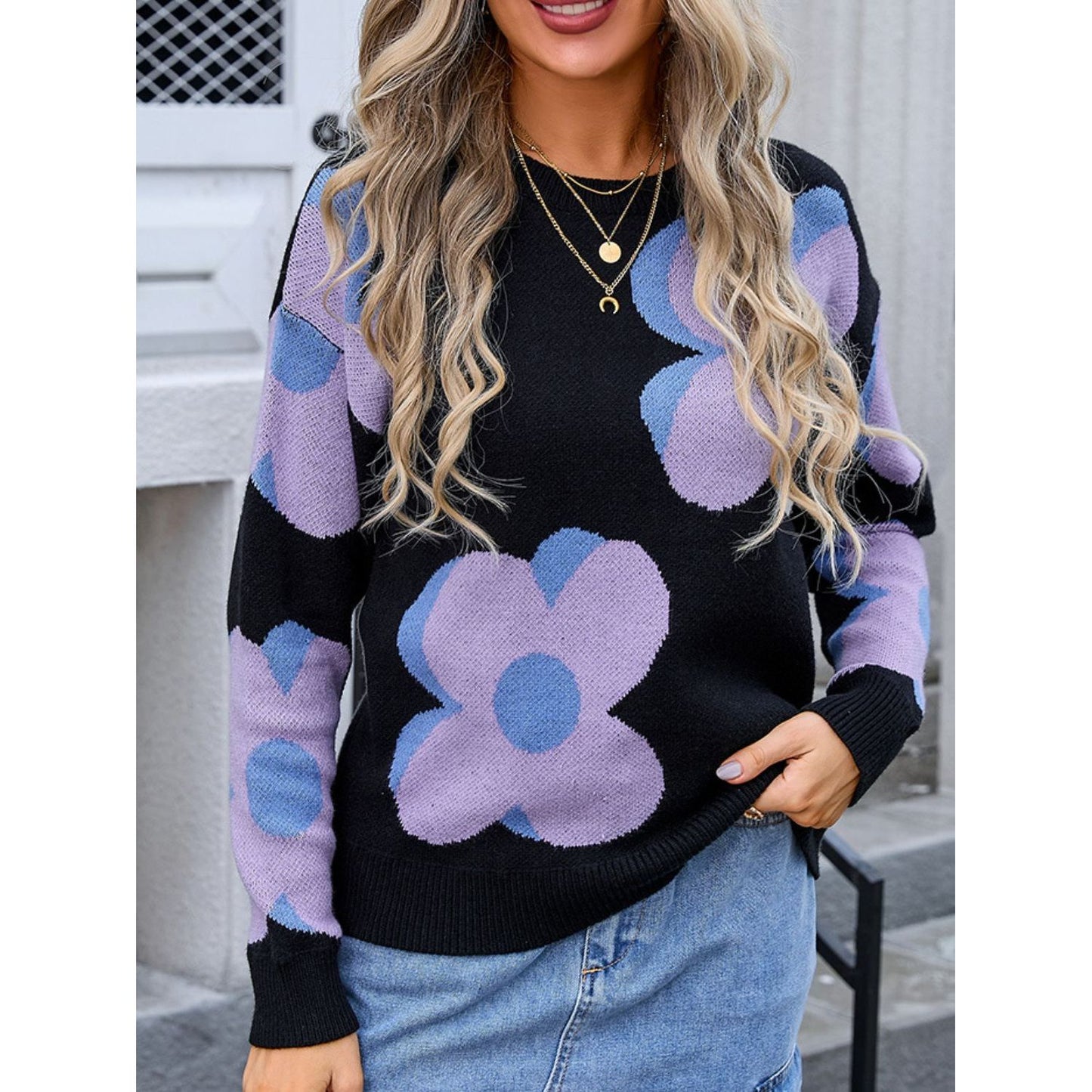 Angel Wings Flower Round Neck Long Sleeve Sweater