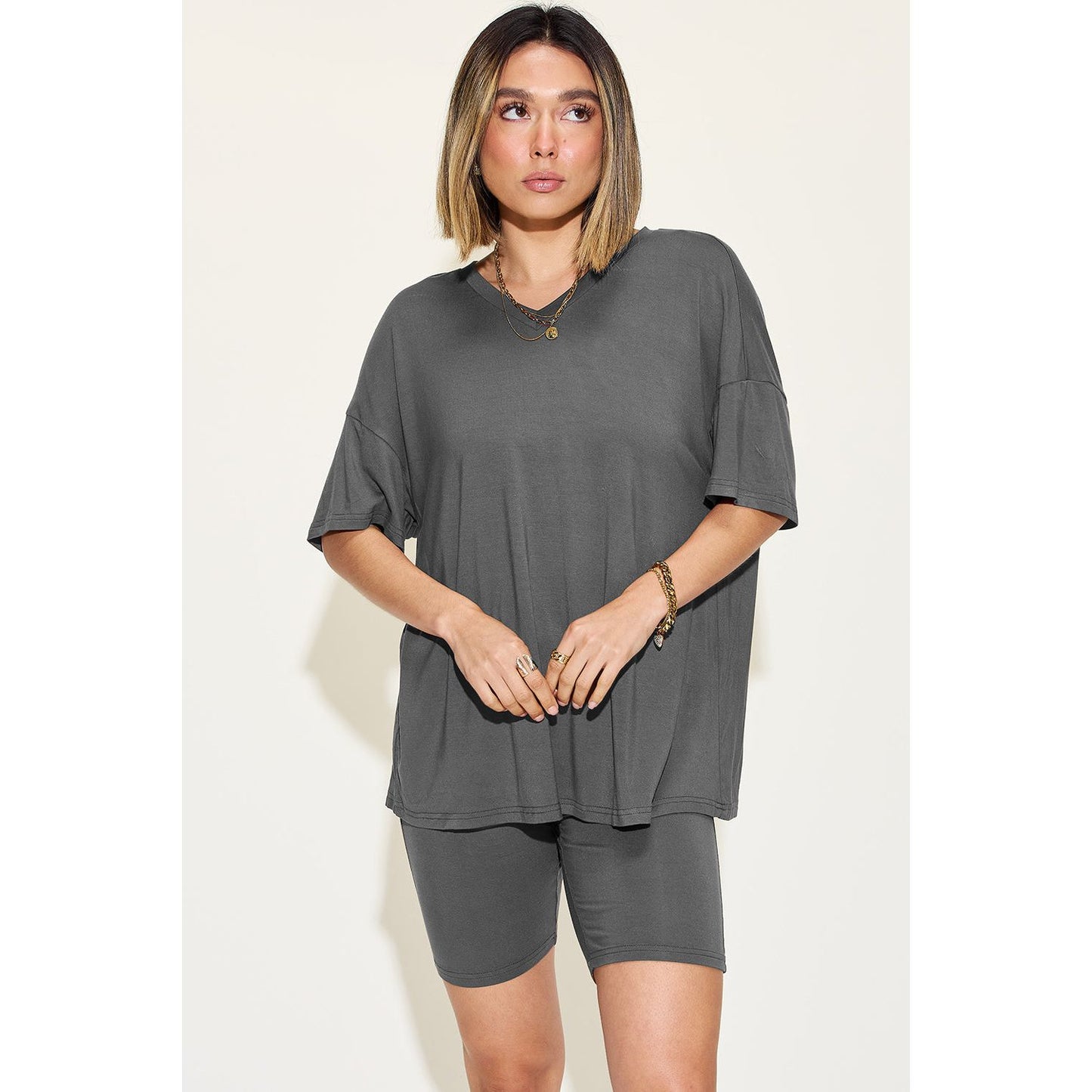 Basic Bae Full Size V-Neck Drop Shoulder T-Shirt and Shorts Set