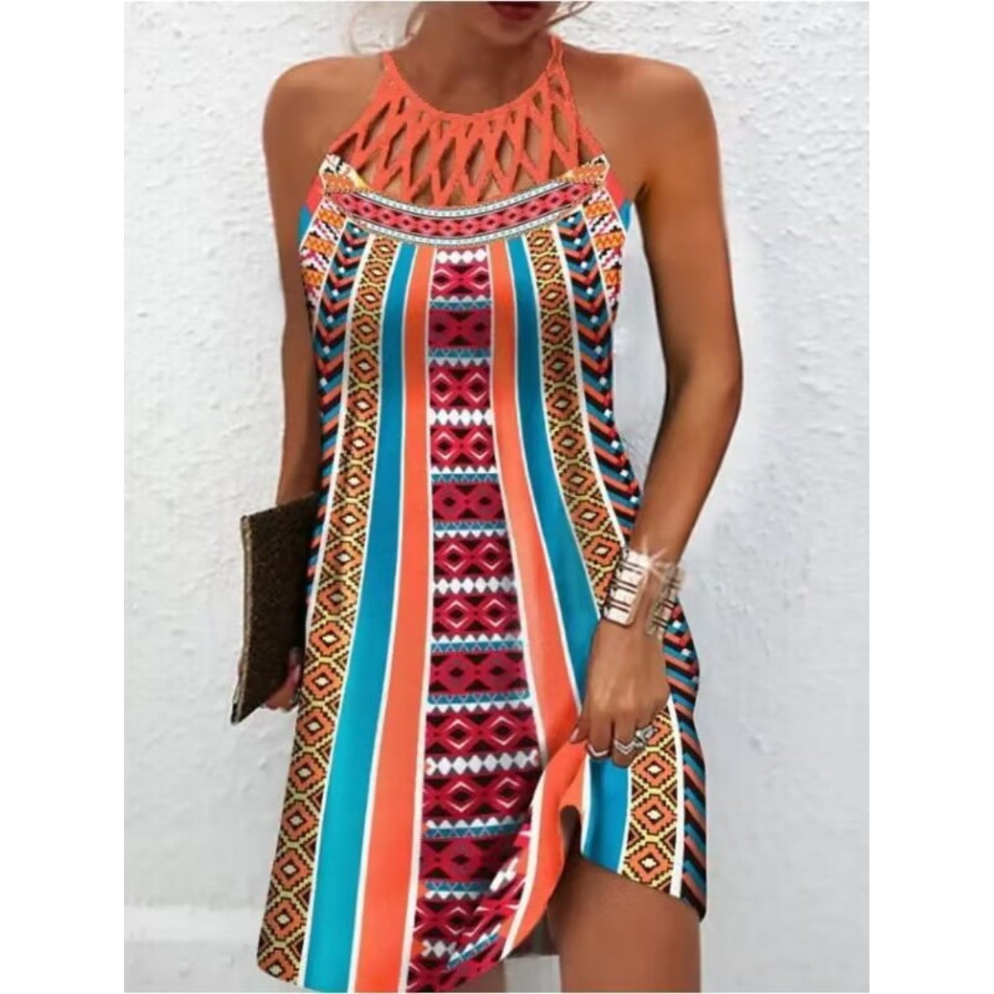 Printed Grecian Neck Mini Dress