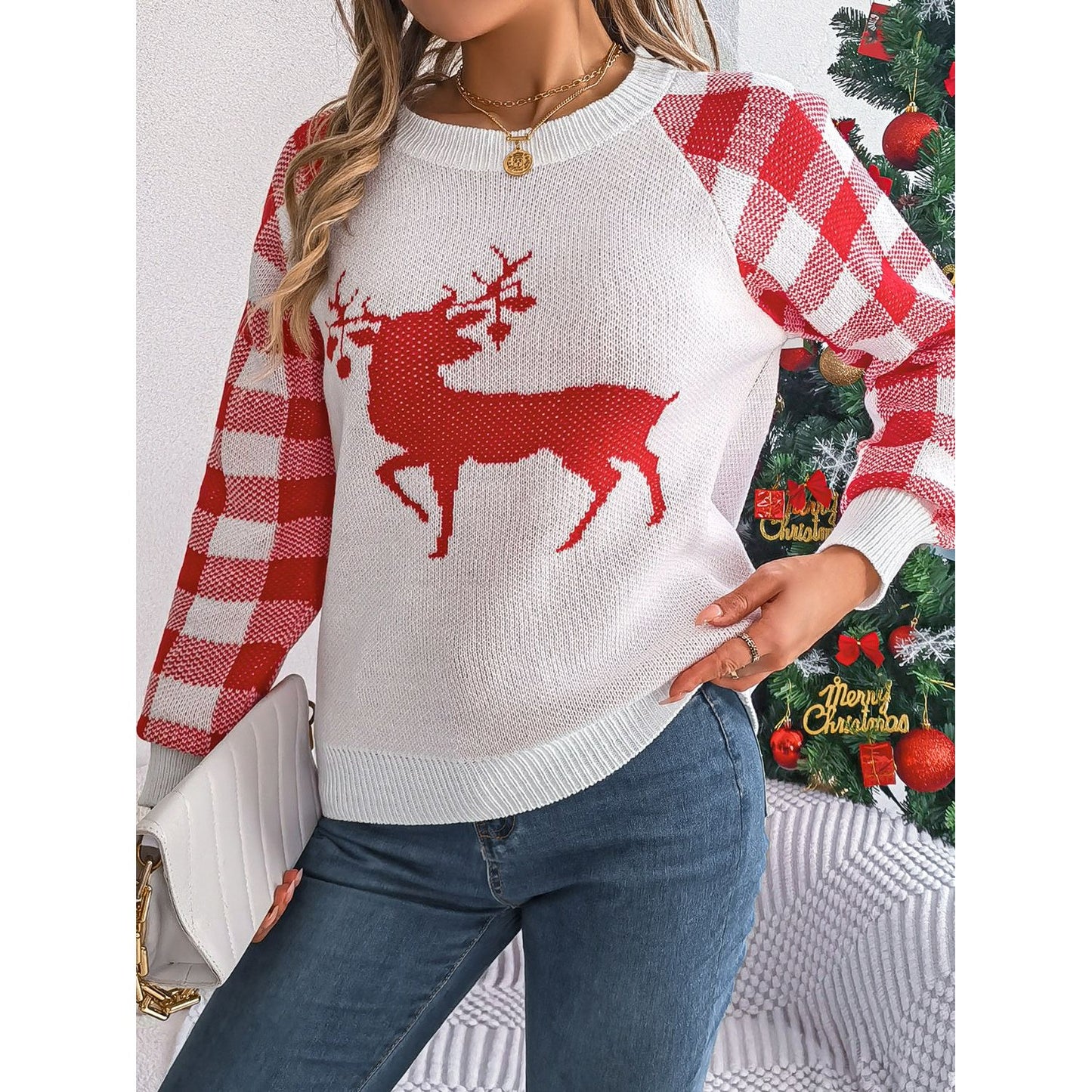 Reindeer Plaid Round Neck Long Sleeve Sweater