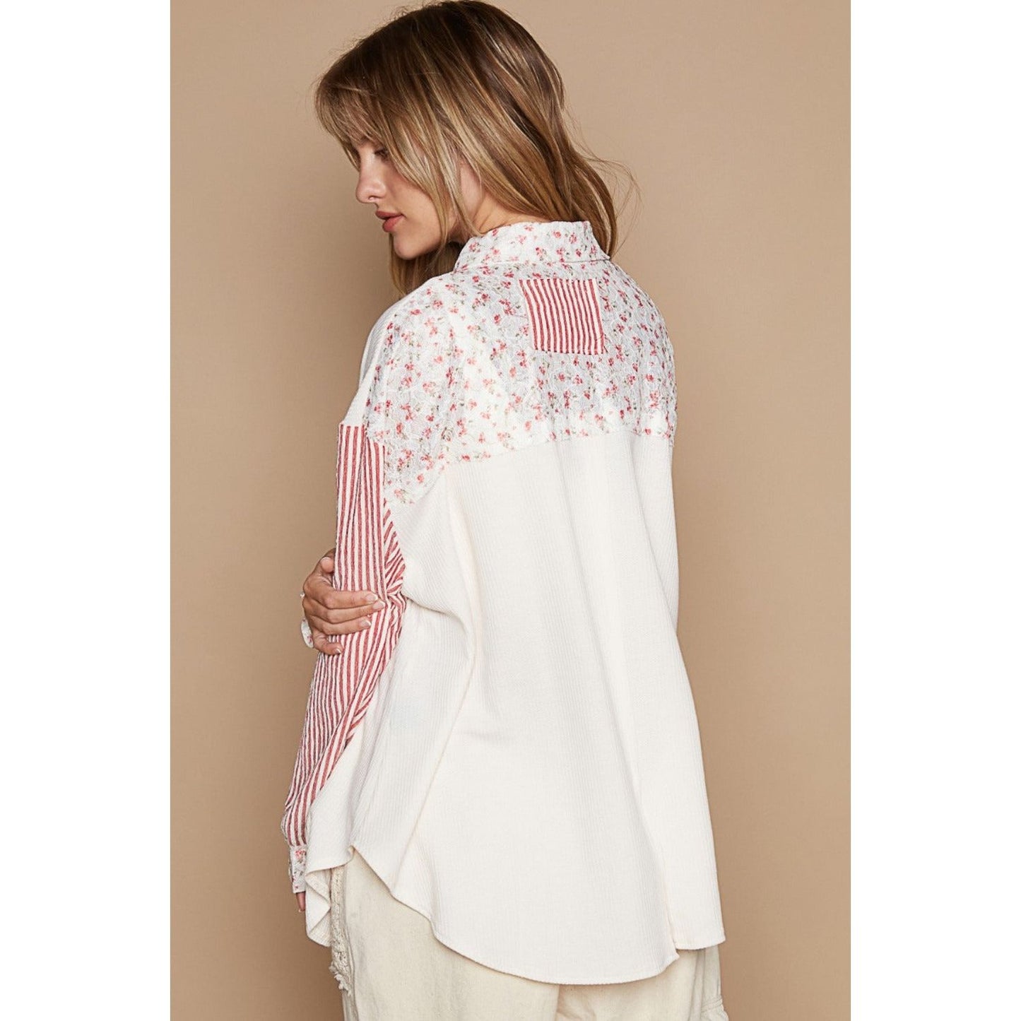 POL Long Sleeve Embroidered Print Patch Pocket Shirt