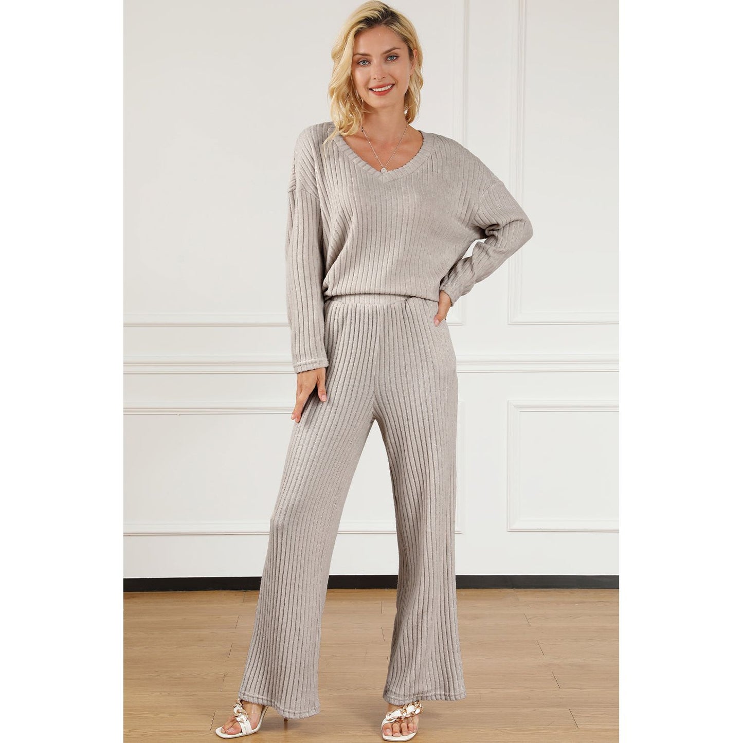 Ribbed V-Neck Top and Pants Lounge Set