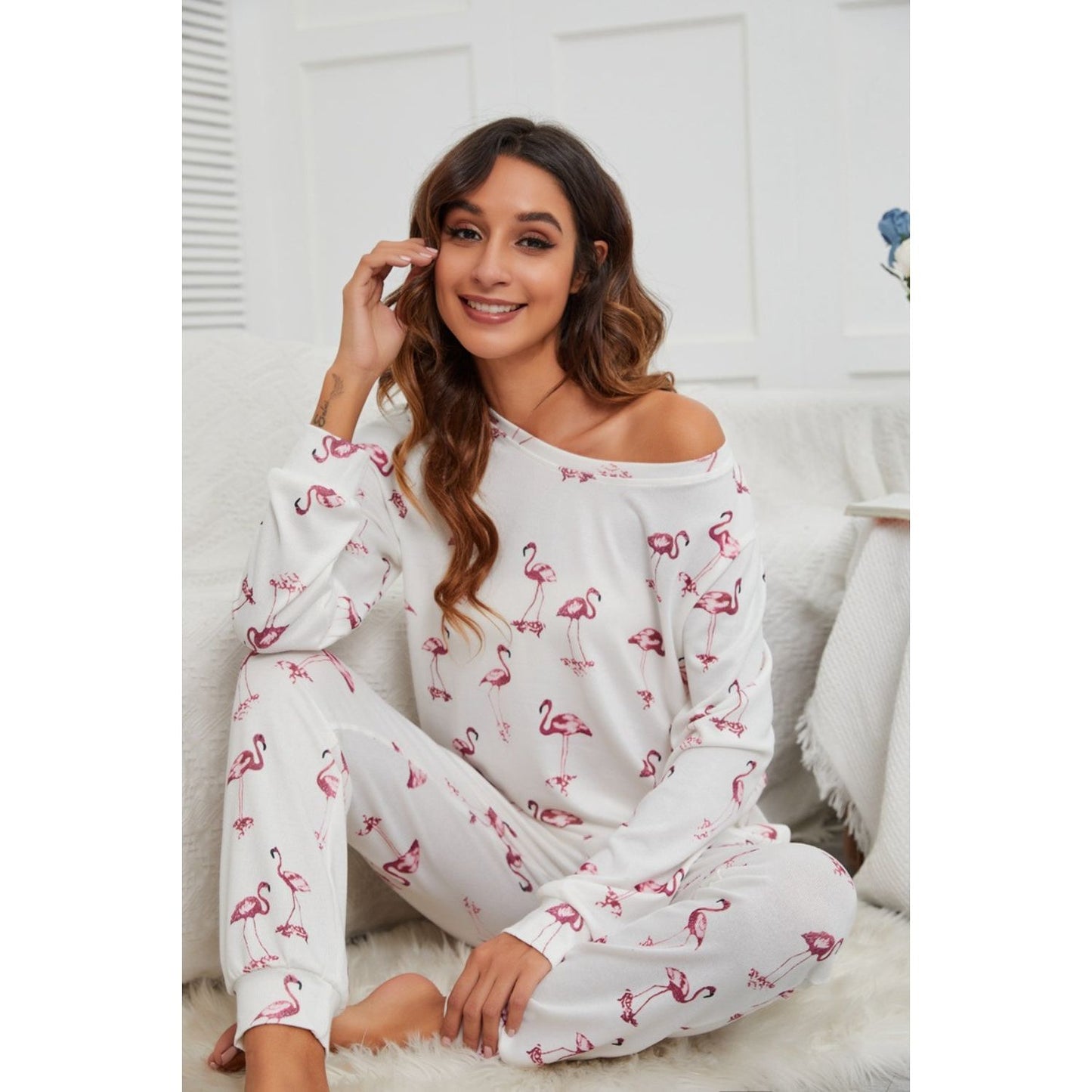 Flamingo Long Sleeve Top and Pants Lounge Set