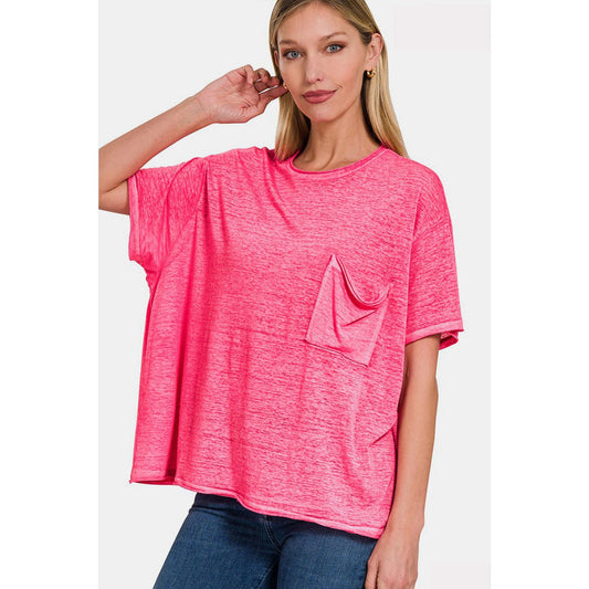 Zenana Pocketed Round Neck Dropped Shoulder T-Shirt