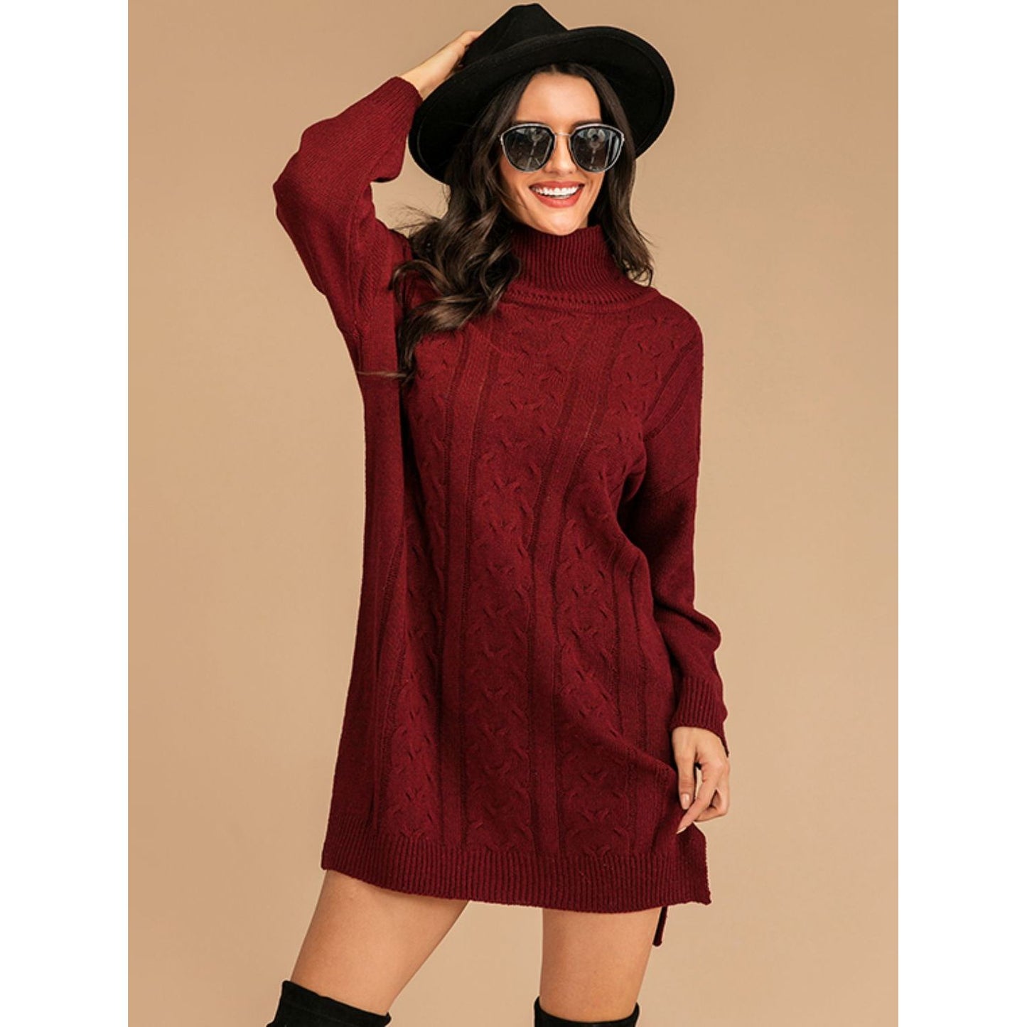 Perfee Slit Turtleneck Long Sleeve Mini Sweater Dress