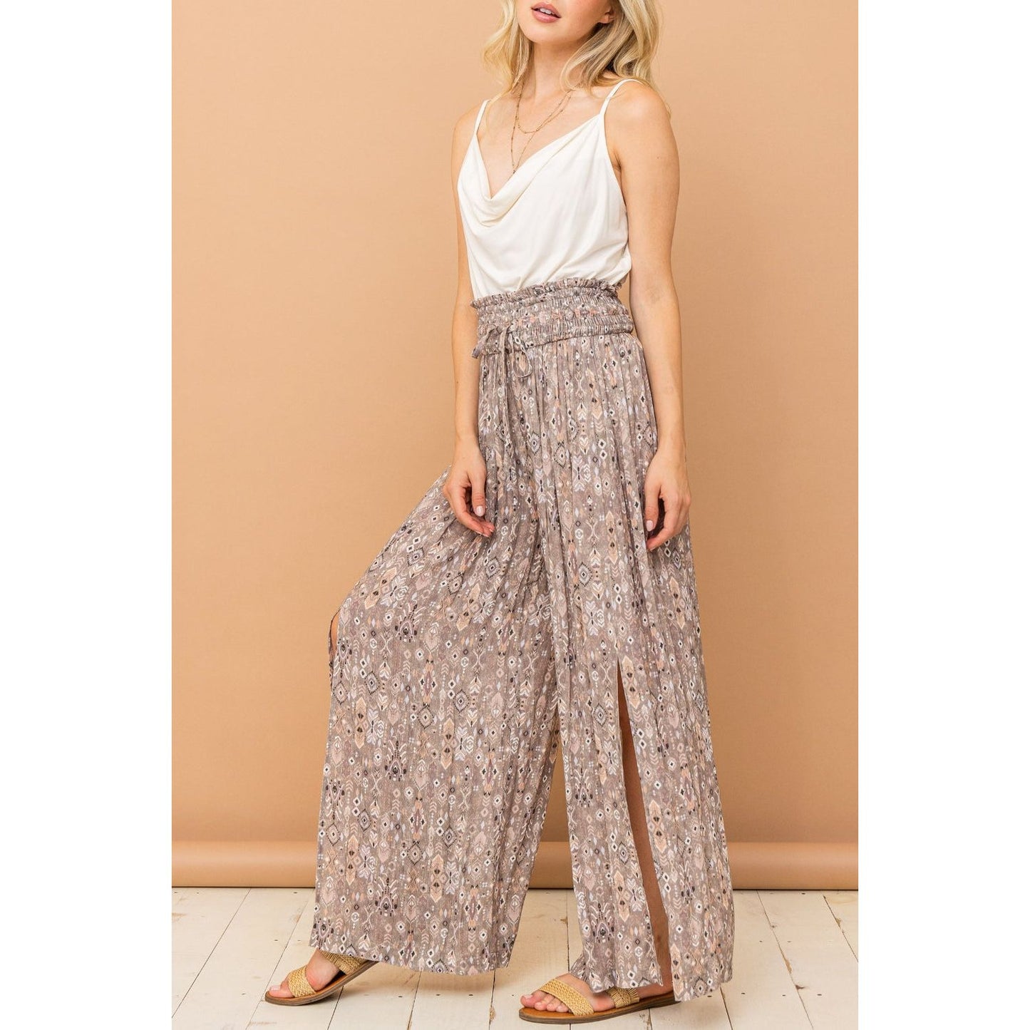 And The Why Printed Smocked Waist Slit Wide Leg Pants