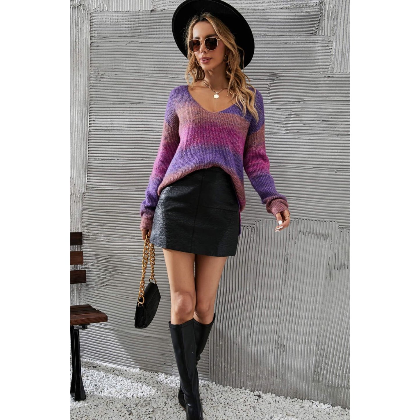 Angel Wings Multicolored Rib-Knit V-Neck Knit Pullover