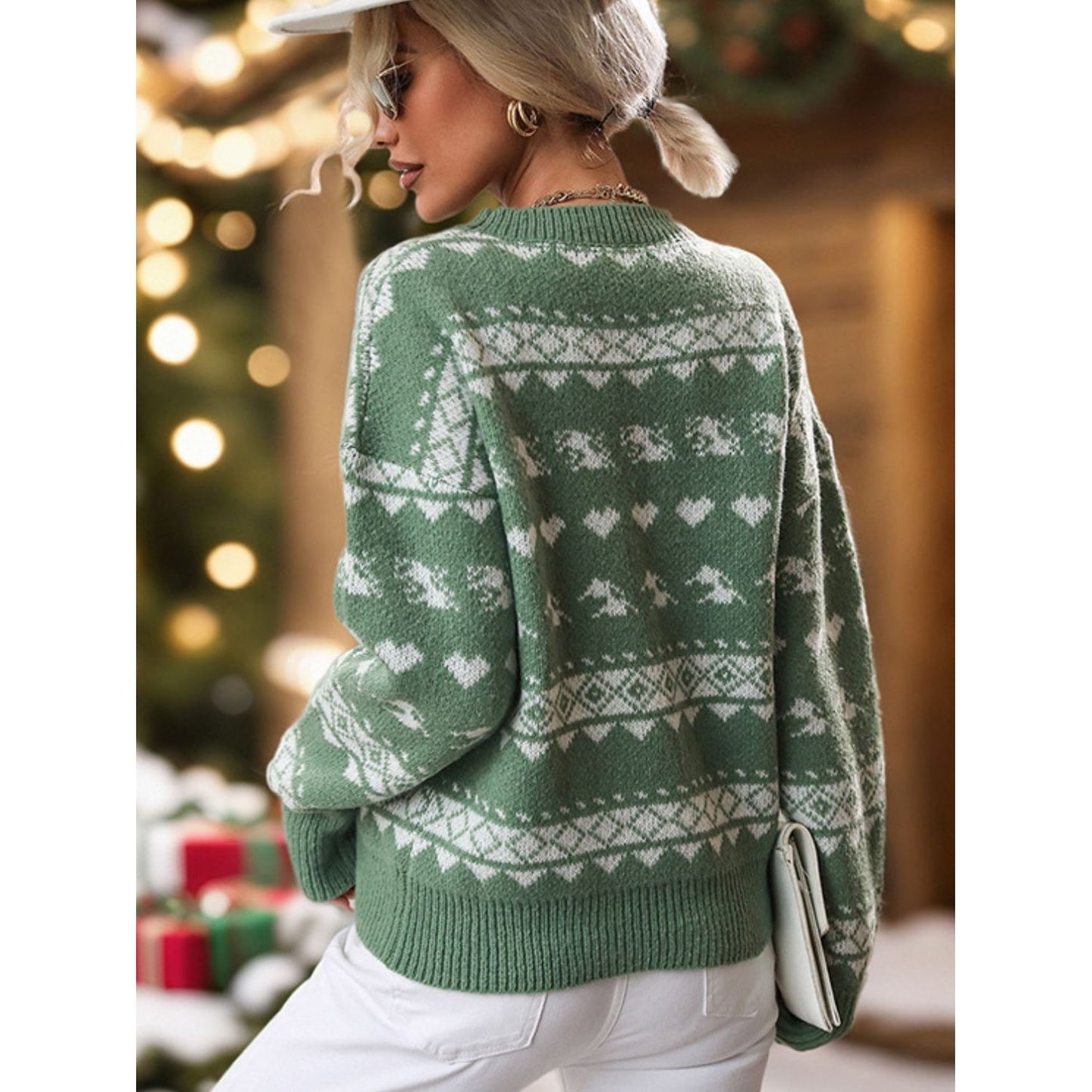 Perfee Geometric Round Neck Dropped Shoulder Sweater