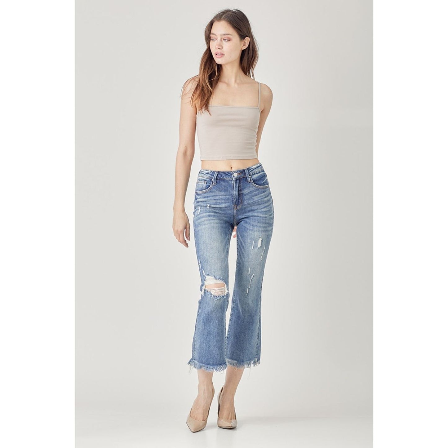 RISEN High Waist Distressed Cropped Bootcut Jeans