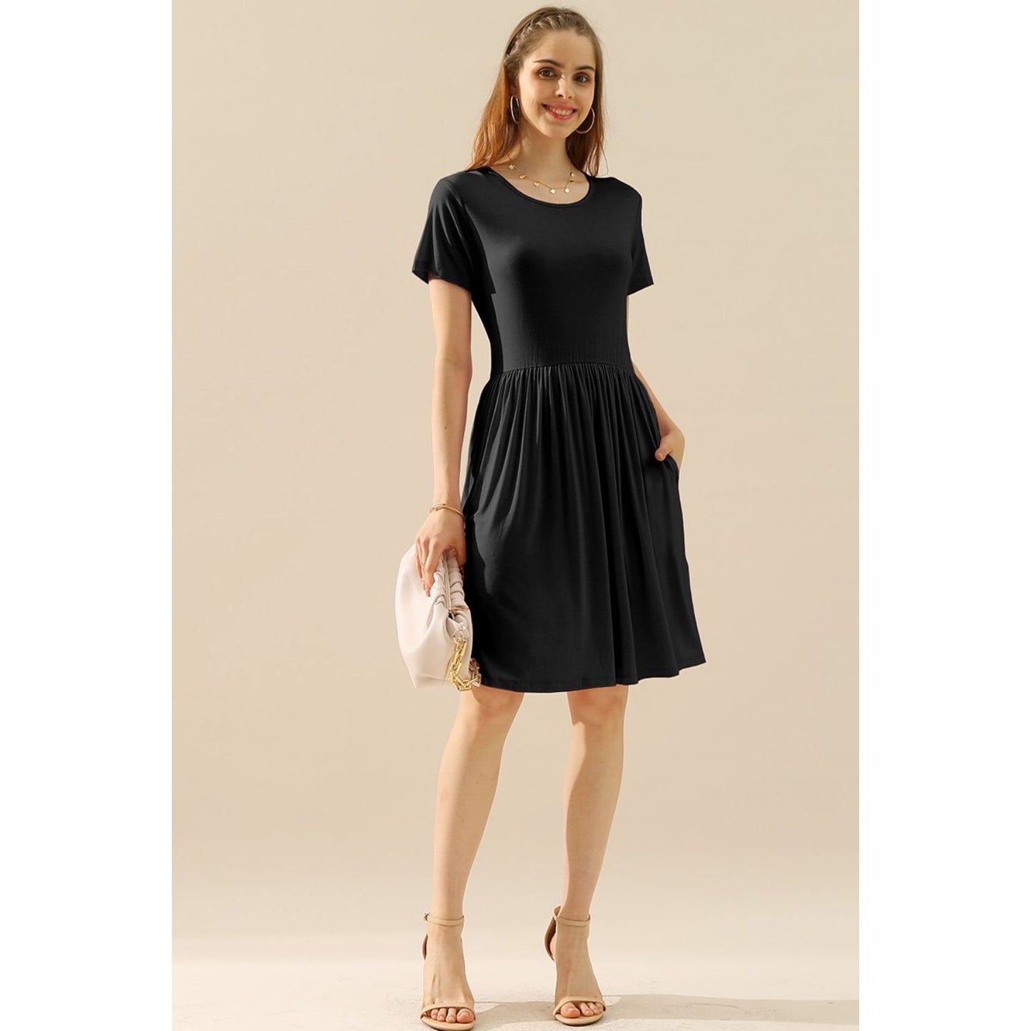 Ninexis Full Size Round Neck Ruched Dress with Pockets