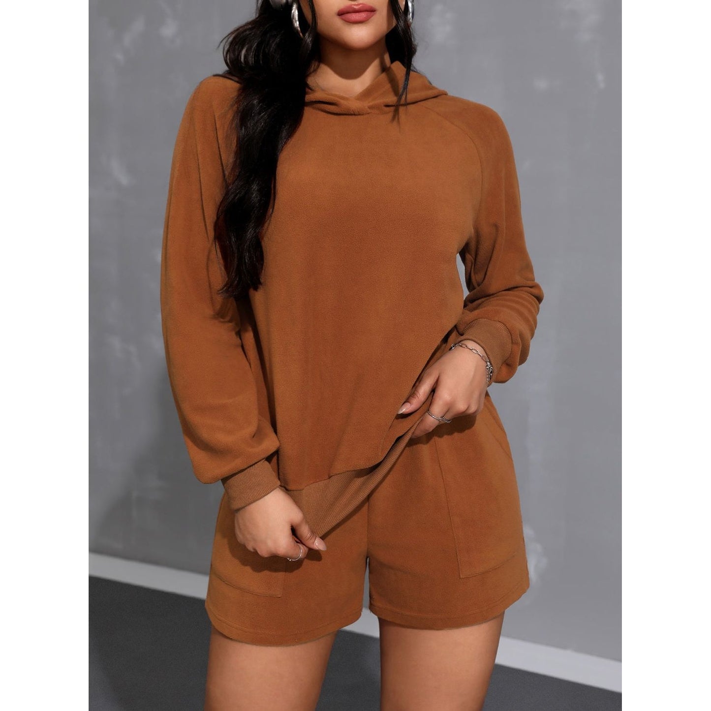 Long Sleeve Hoodie and Pocketed Shorts Set