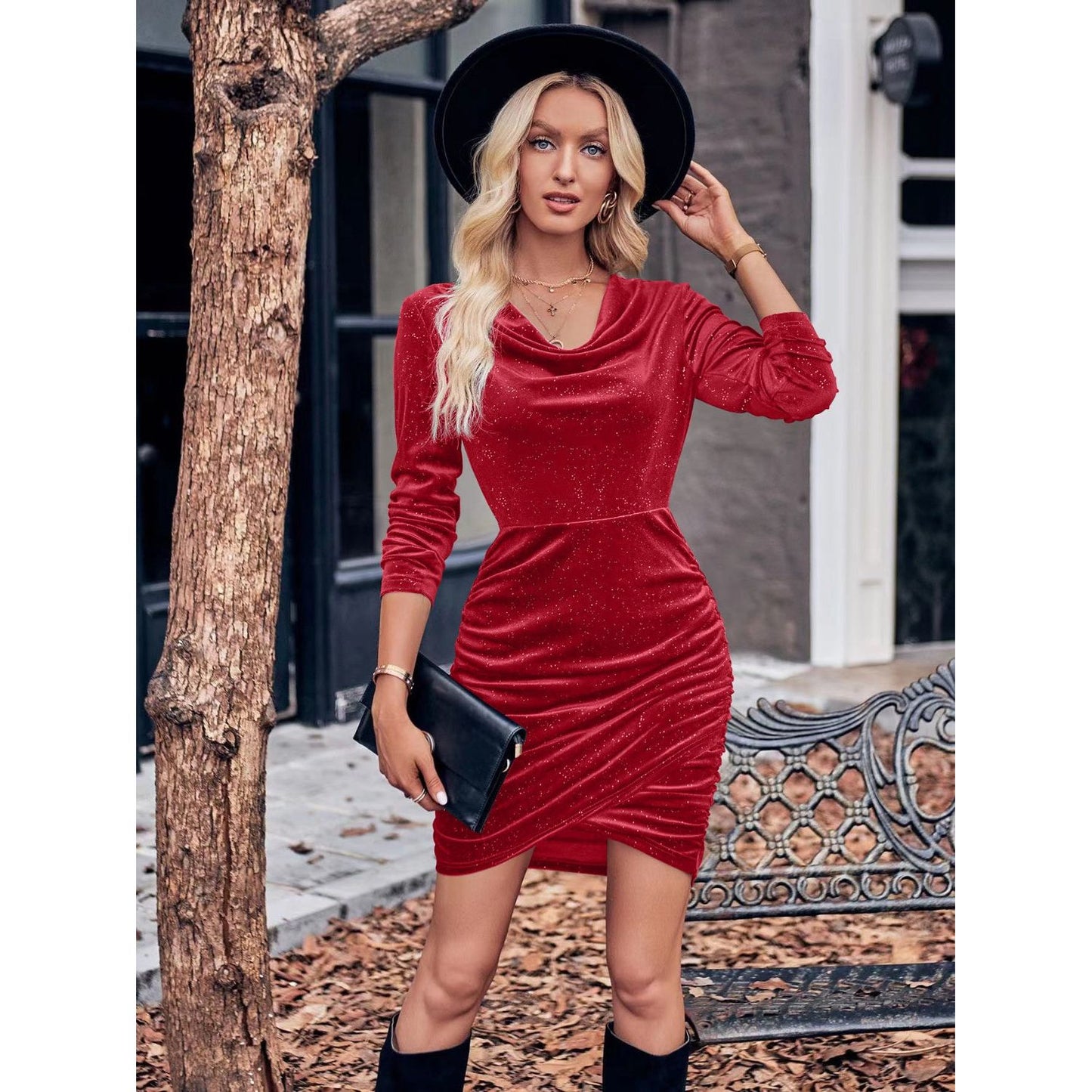 Glitter Ruched Cowl Neck Wrap Dress