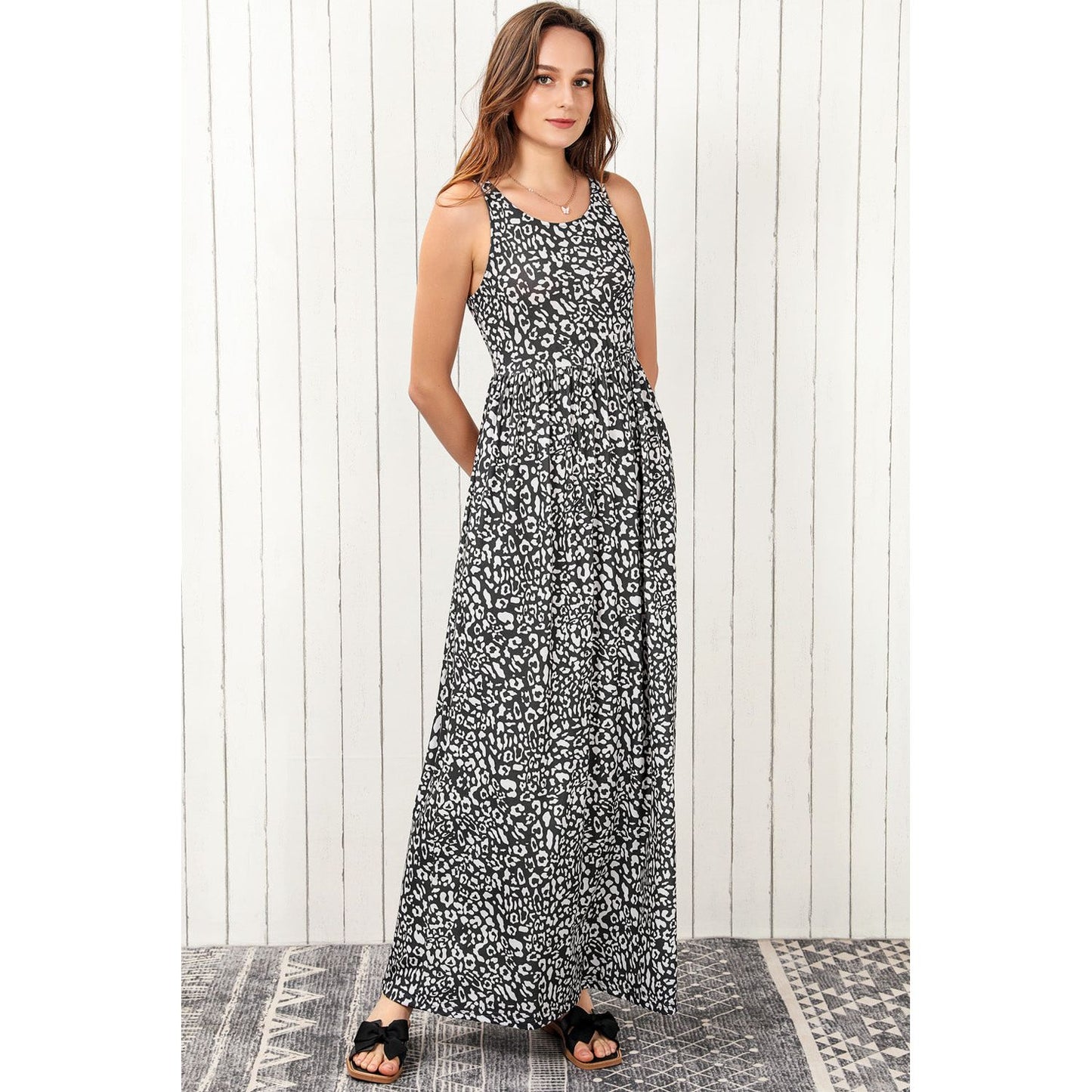 Leopard Round Neck Sleeveless Maxi Dress