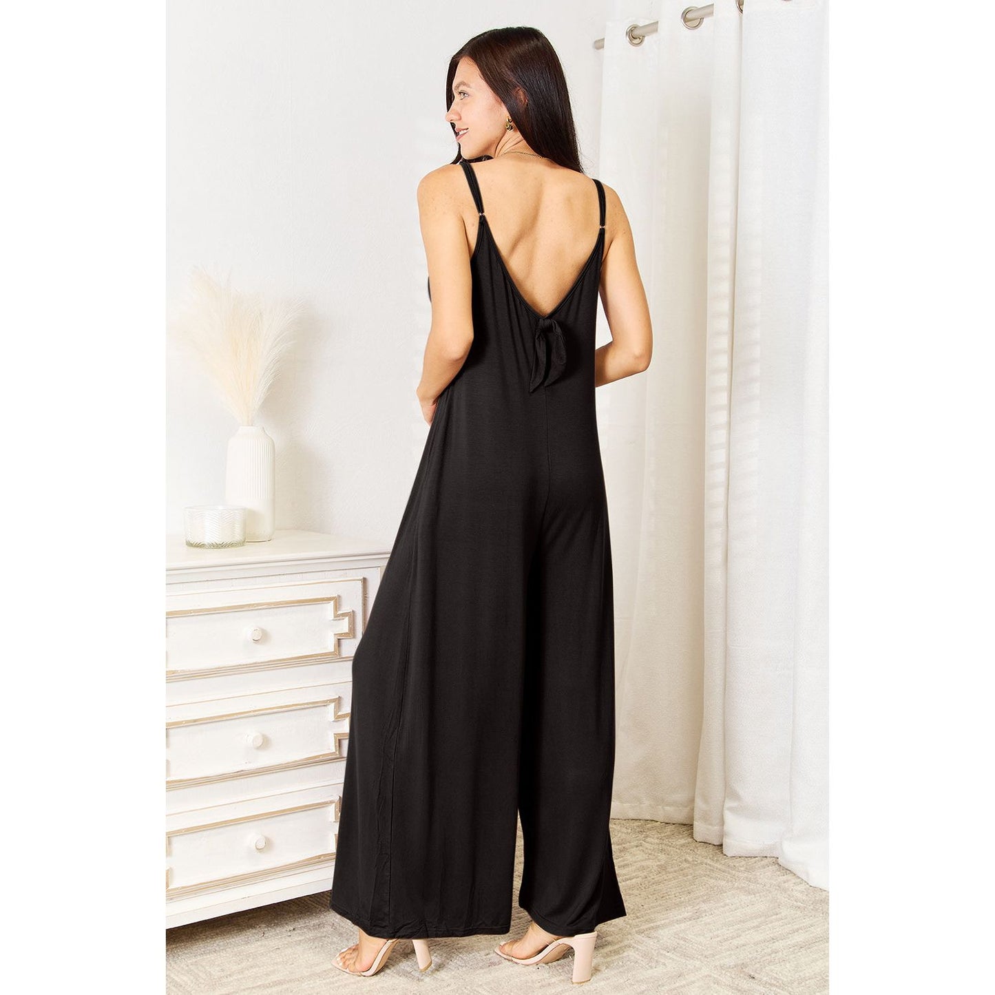 Double Take Full Size Soft Rayon Spaghetti Strap Tied Wide Leg Jumpsuit