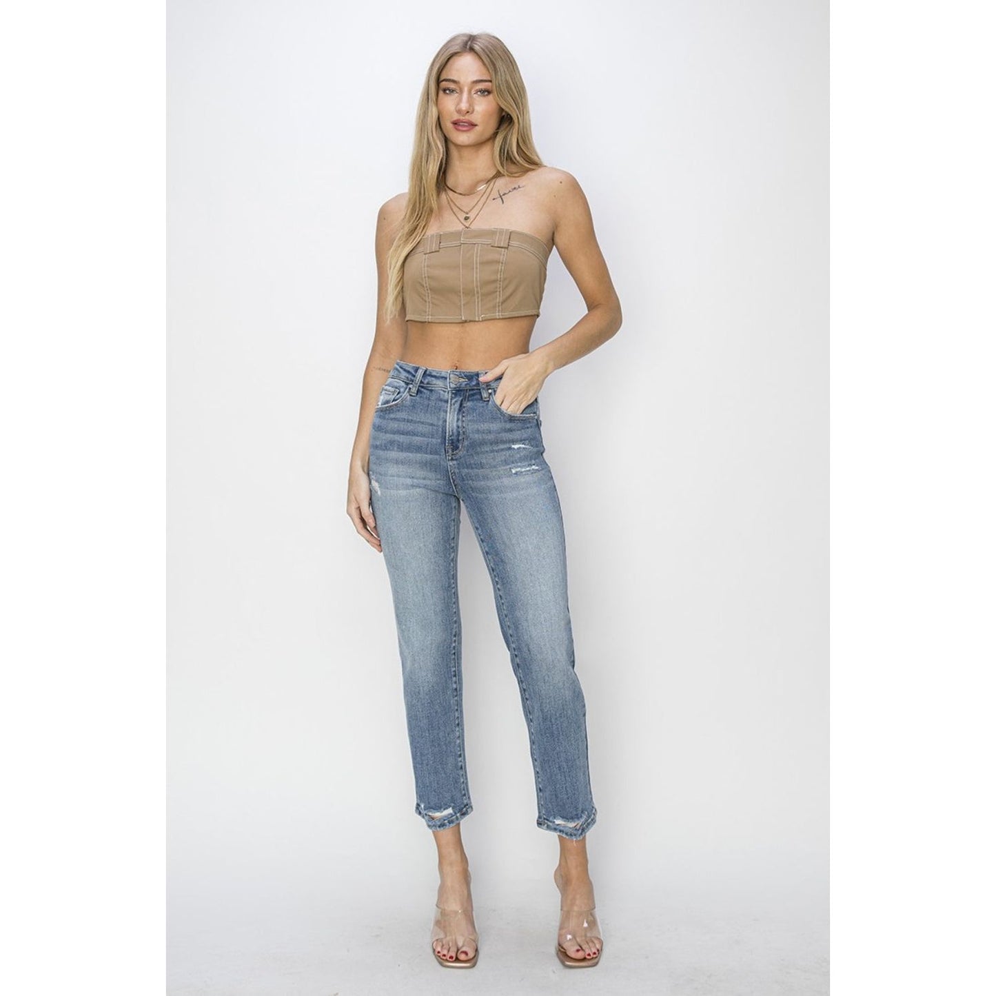 RISEN Full Size High Waist Distressed Cropped Jeans