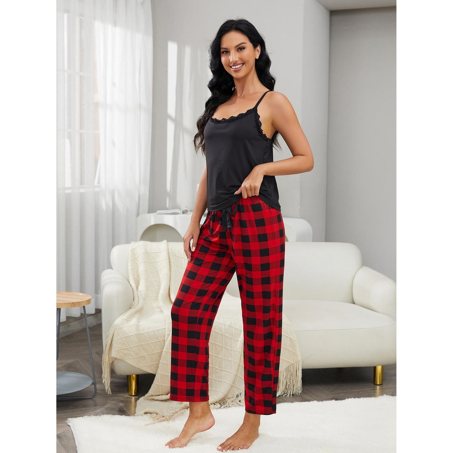 Lace Trim Cami and Plaid Pants Lounge Set