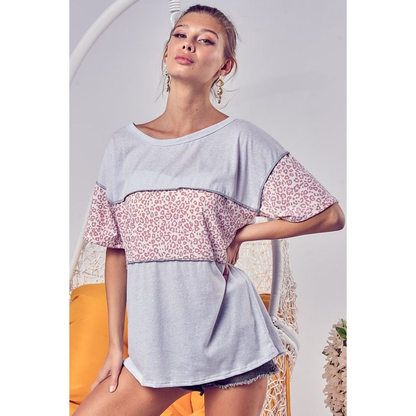 BiBi Leopard Block Exposed Seams T-Shirt