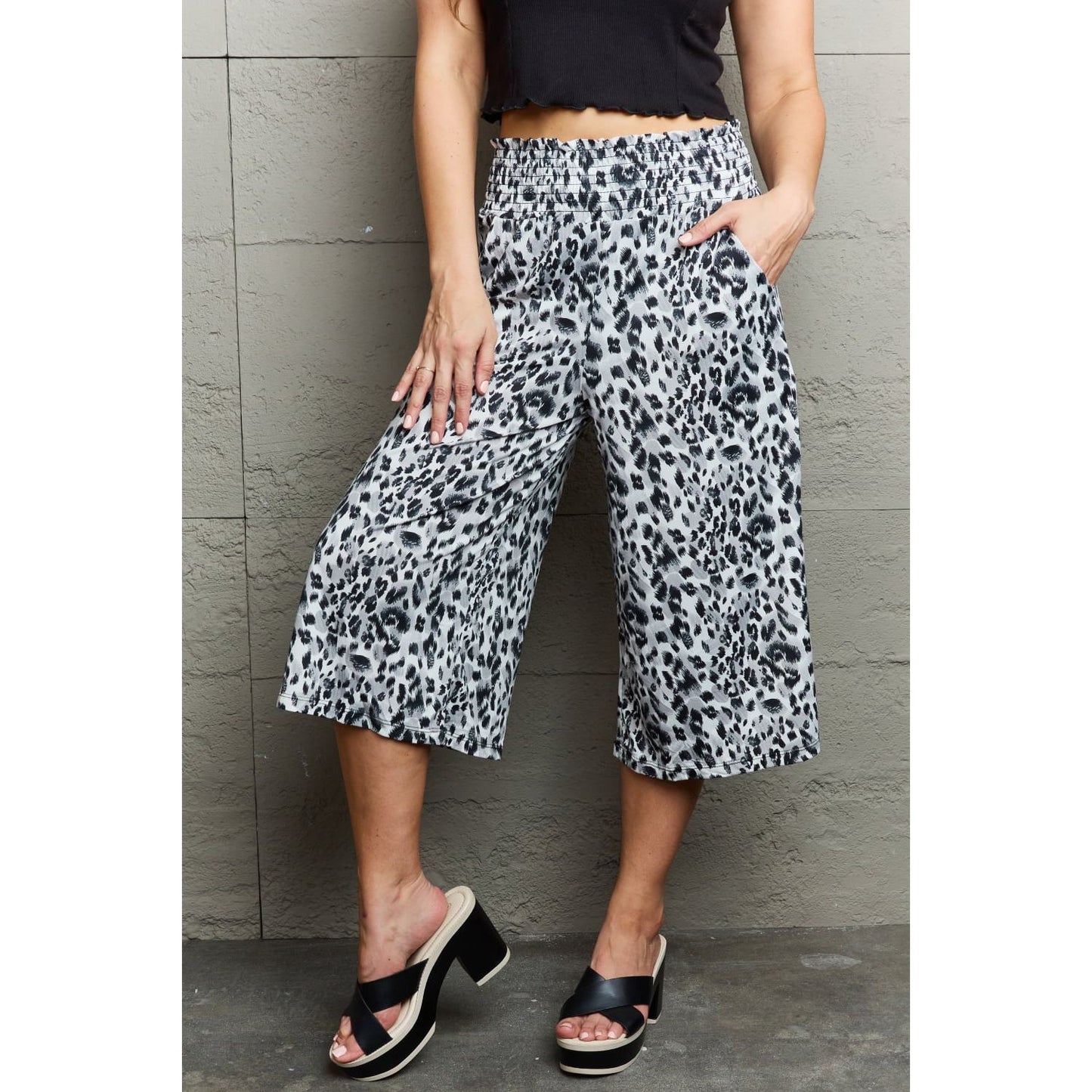 Ninexis Leopard High Waist Flowy Wide Leg Pants with Pockets