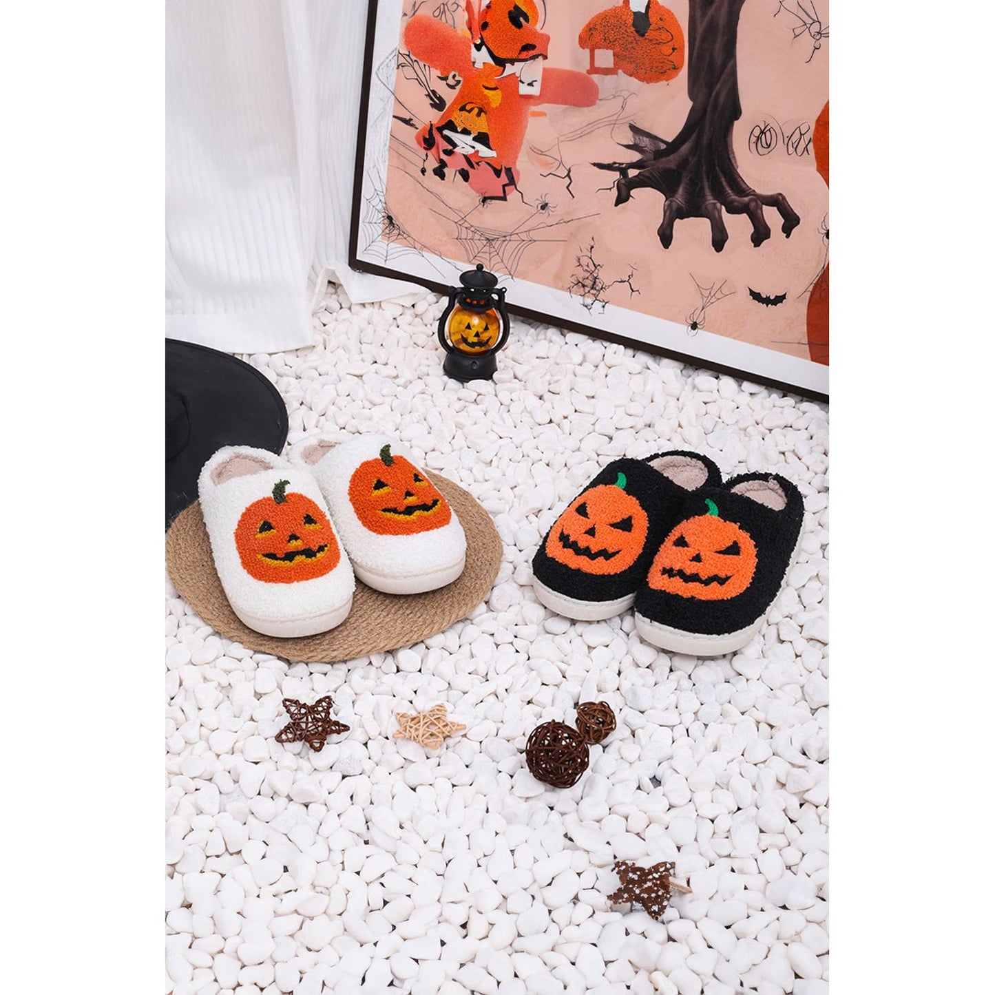 White Halloween Pumpkin Print Plush Slippers (Runs Small, Size Up)