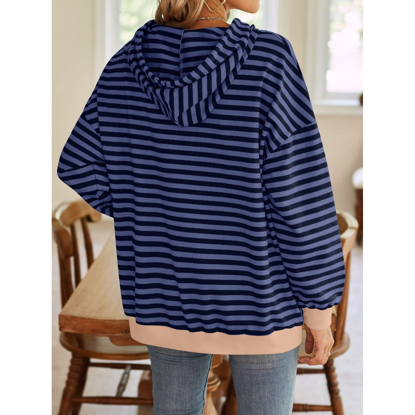 Lovelet Drawstring Striped Long Sleeve Hoodie