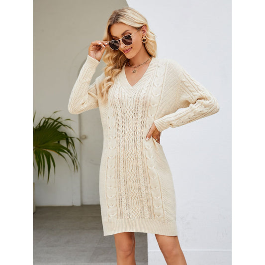 Cable-Knit V-Neck Mini Sweater Dress