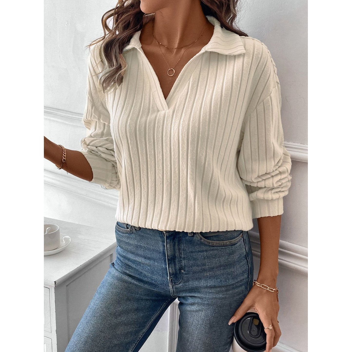 Ribbed Johnny Collar Long Sleeve T-Shirt