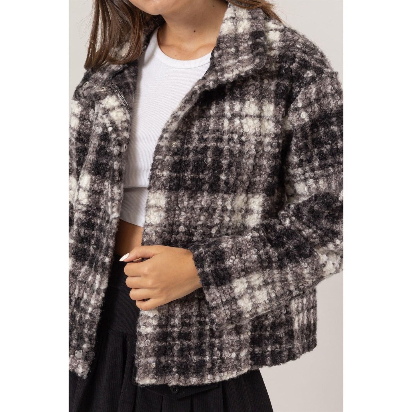 HYFVE Plaid Collared Neck Boucle Jacket with Pockets