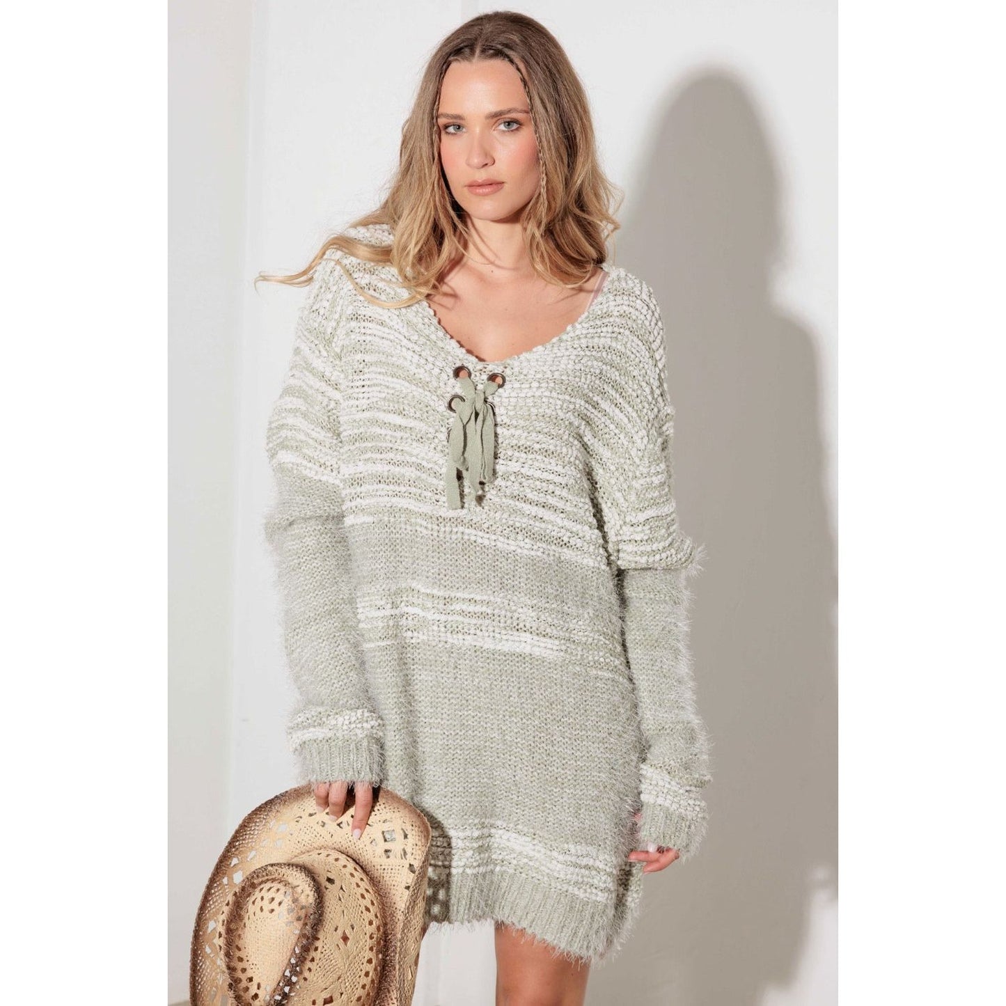 Thinkable Mixed-Stitch Front Tie Sweater Dress