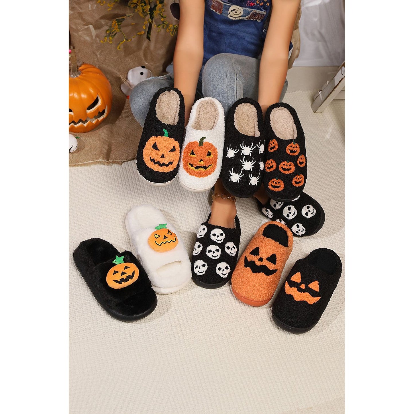 White Halloween Pumpkin Print Plush Slippers (Runs Small, Size Up)