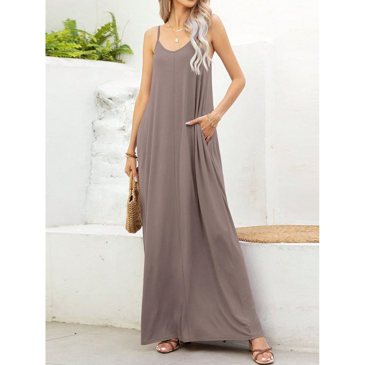 V-Neck Maxi Cami Dress with Pockets