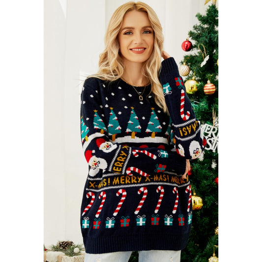 Christmas Candy Cane Ribbed Trim Sweater