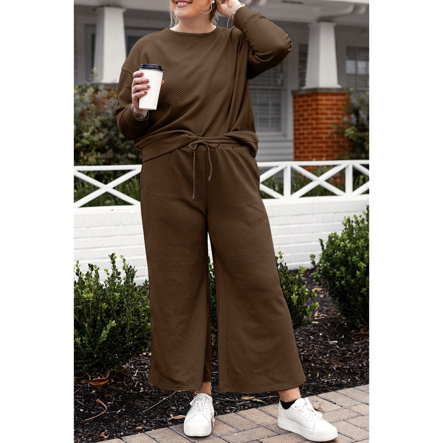 Double Take Full Size Textured Long Sleeve Top and Drawstring Pants Set