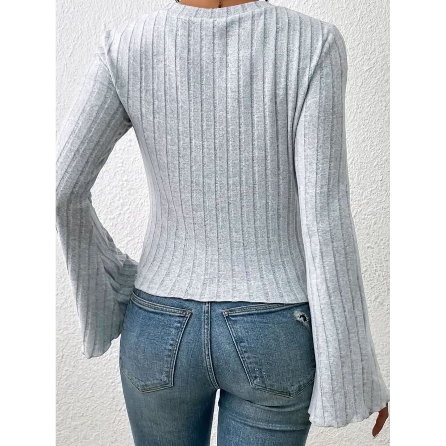 Ribbed Round Neck Flare Sleeve T-Shirt