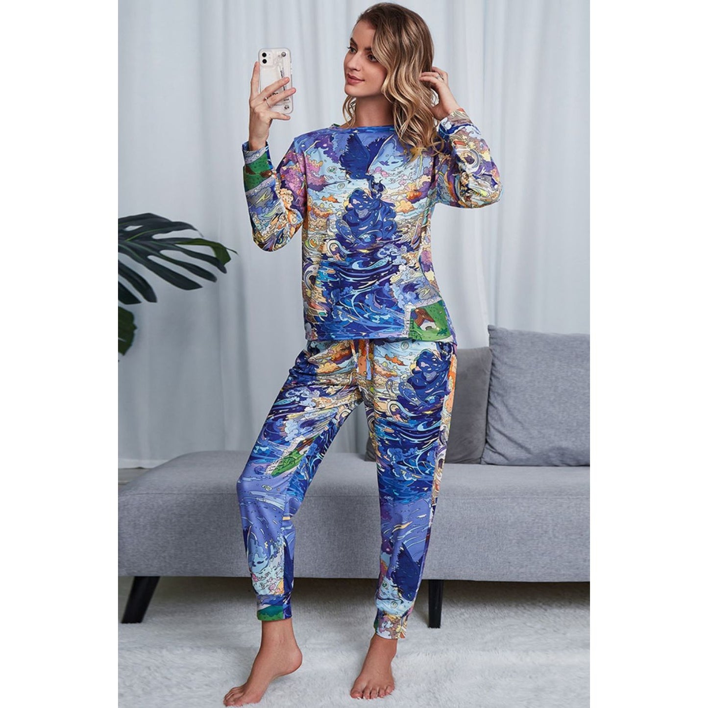 Shiny Tie-Dye Crewneck Top and Drawstring Waist Joggers Lounge Set