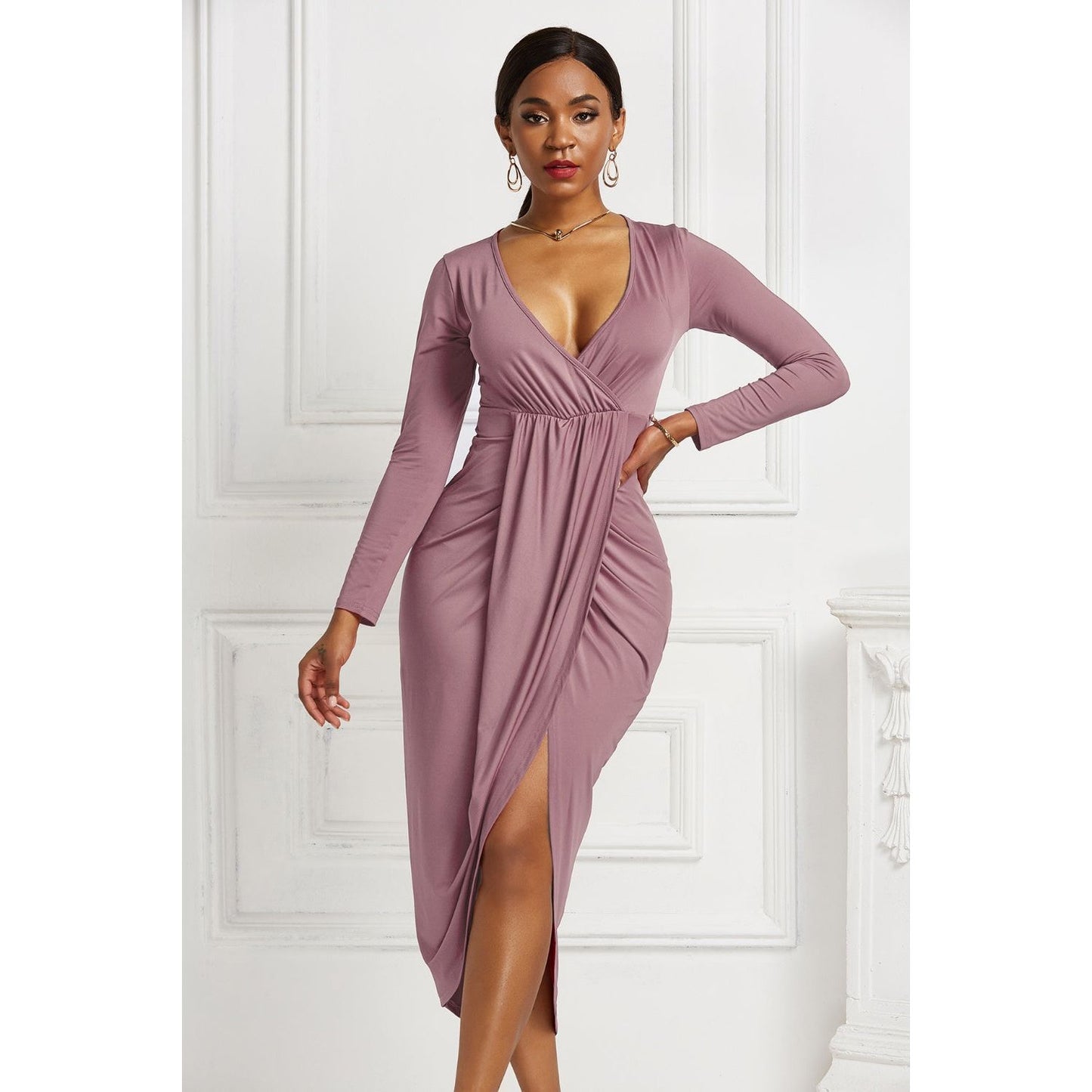 High-low Ruched Surplice Long Sleeve Dress