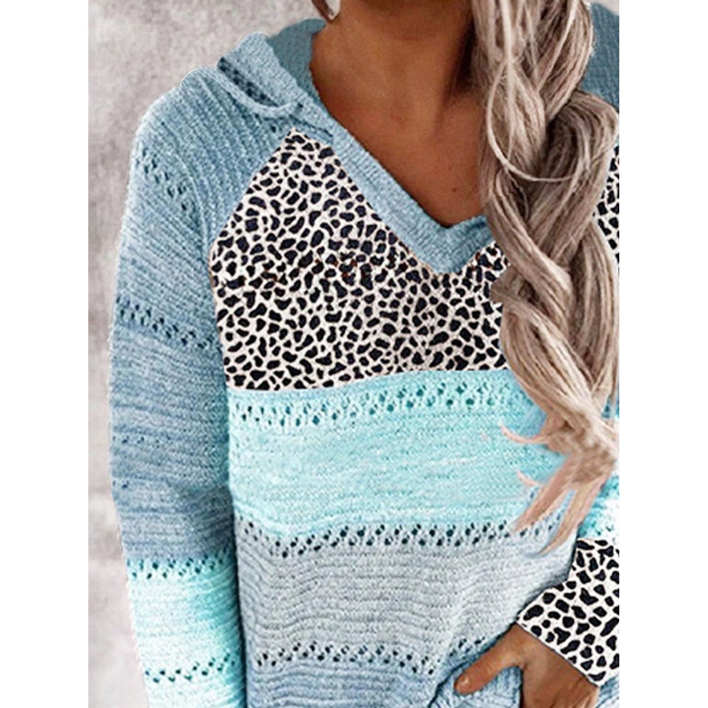 Full Size Openwork Leopard Drawstring Hooded Sweater