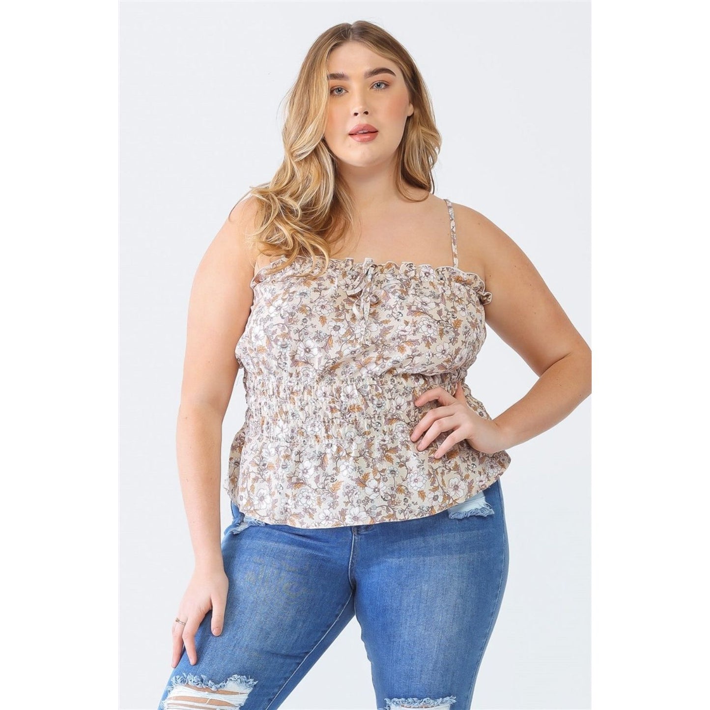 Zenobia Plus Size Frill Floral Square Neck Cami